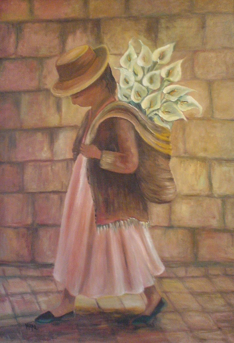 niña andina llevando lirios