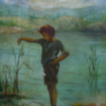 niño a la orilla de la laguna